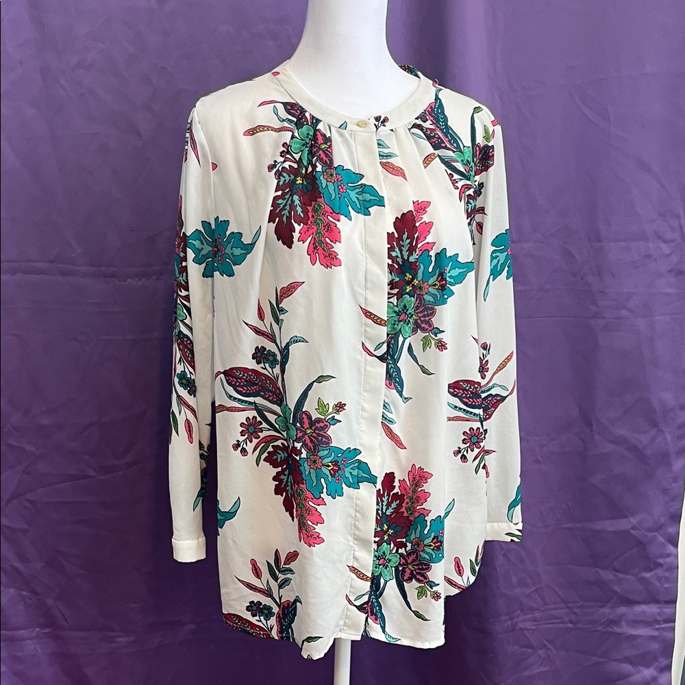 Liz Claiborne Cream Blouse with Teal and Pink Floral Design